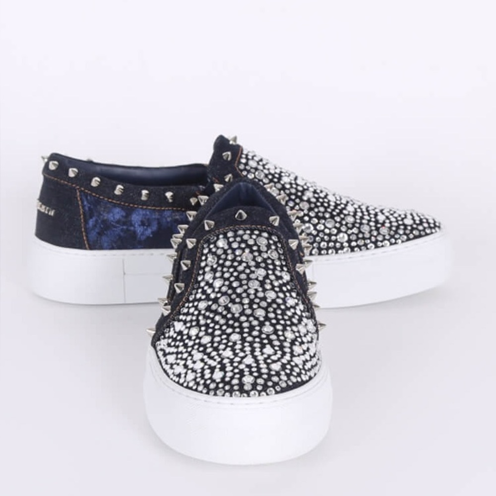 Authentic Philipp Plein “Melody” Studded Crystal Denim Slip-On Loafers
